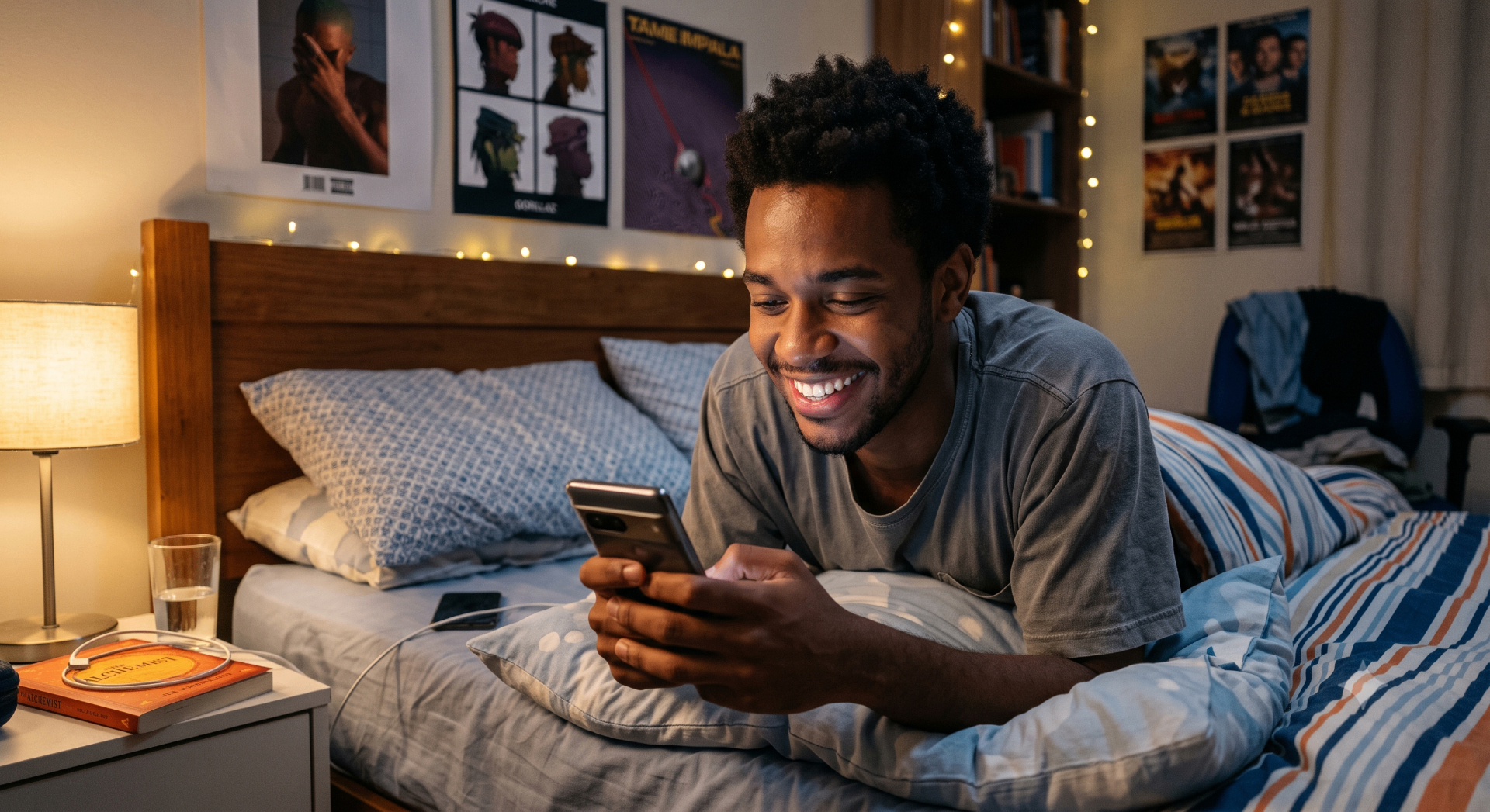 Jovem criador negro deitado na cama num quarto acolhedor com posters e luzes de natal, a sorrir enquanto responde a mensagens de fãs no smartphone