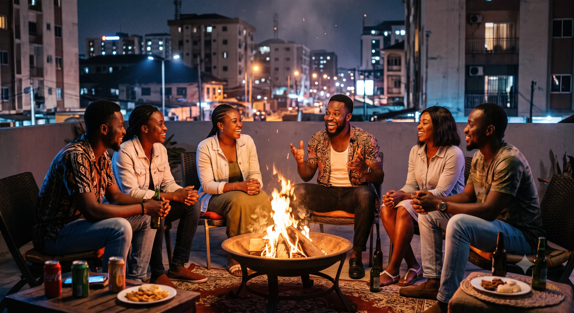 Grupo de criadores e fãs reunidos à noite em volta de uma fogueira num terraço urbano, a rir e partilhar ideias
