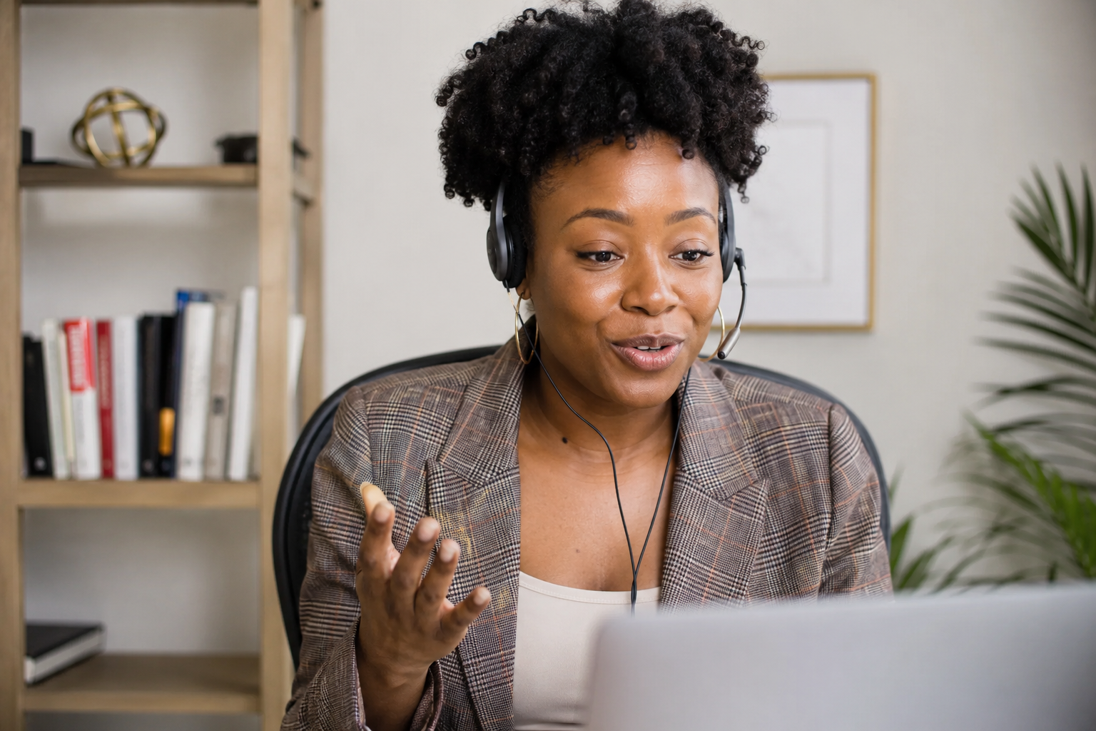 Mulher negra com cabelo afro e fones de ouvido, num home office acolhedor, a conduzir uma sessão de coaching 1:1 no computador